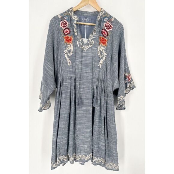 NWT Kyla Seo Maeve Dress‎ S Small Floral Embroidered Dark Chambray Blue V-Neck - Picture 1 of 7